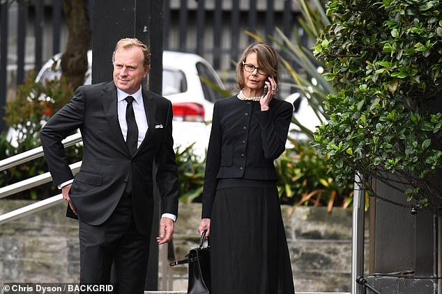 Her younger sister Antonia, 53, was also present along with her loving husband Craig Morran, who was seen comforting her outside the church.