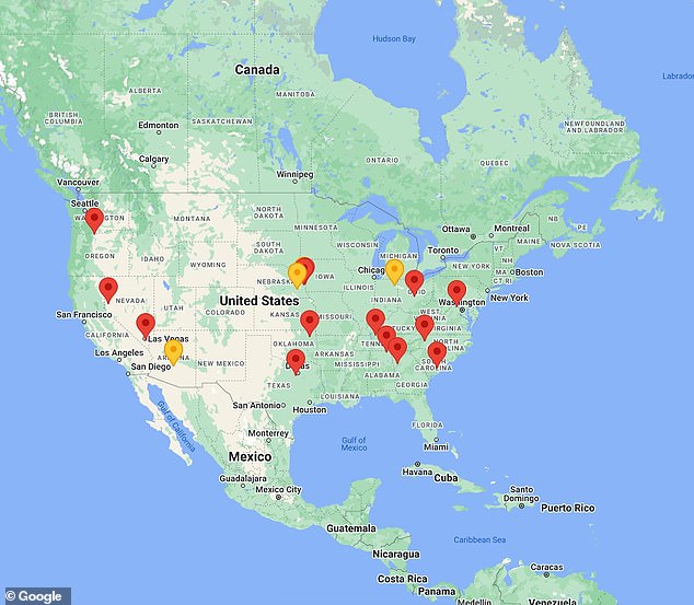 This map shows the location of Google's data centers in the US. Those marked in yellow are under development.