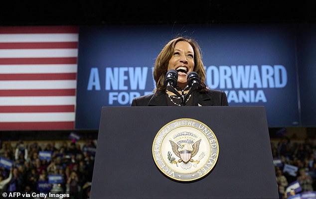 US Vice President and Democratic presidential candidate Kamala Harris speaks at a campaign event at the Erie Insurance Arena in Erie, Pennsylvania, on October 14, 2024.