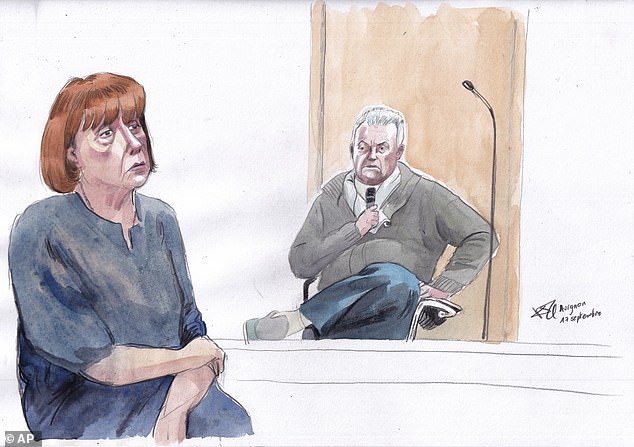 This courtroom sketch by Valentin Pasquier shows Gisele Pelicot, left, and her ex-husband Dominique Pelicot, right, during their trial, at the Avignon court in Avignon, southern France.