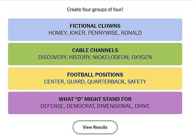 Tuesday's four word categories were: football positions, cable channels, fictional clowns and what the 'D' could mean