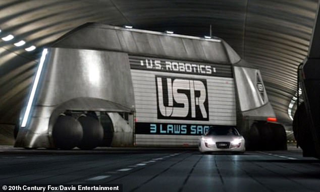 The USR Robot Transport is a sleek, stainless steel automated cargo truck used to transport robots around the city of Chicago.