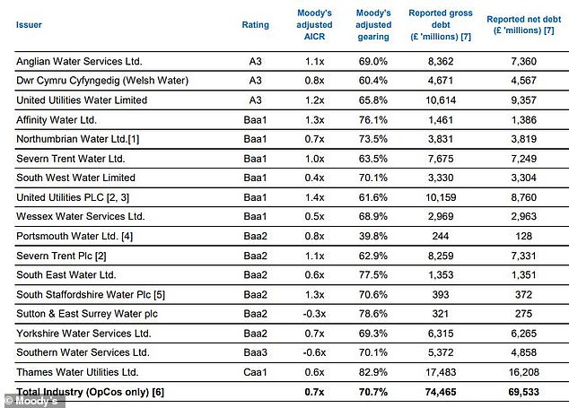 The water sector has a combined reported net debt of £69.5bn, with Thames Water being the most indebted.