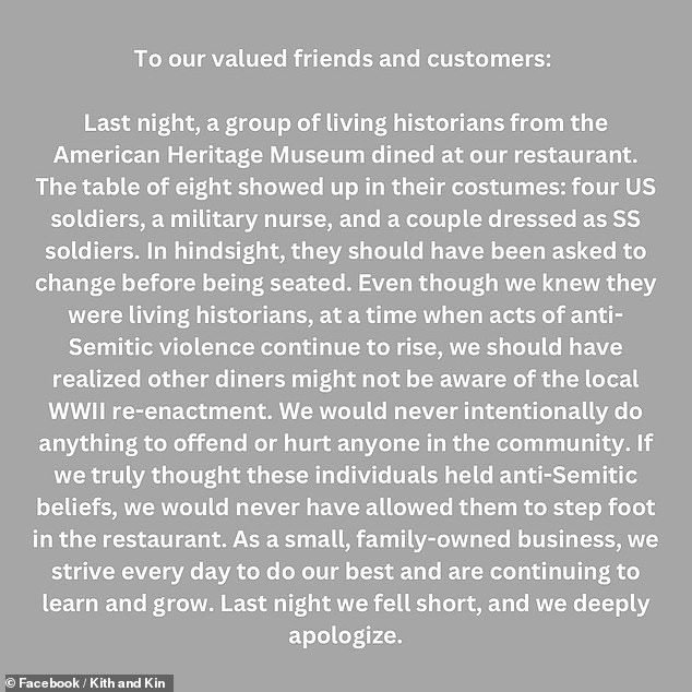 The restaurant's full explanation and apology, which was posted on Facebook on Sunday, the day after the incident.