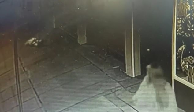 The man was followed by a woman (right) in the footage, which showed him appearing to collapse on the sidewalk in front of her (top left).