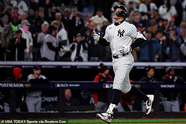 The Yankees captain runs the bases after putting the team up 6-2 over the Guardians