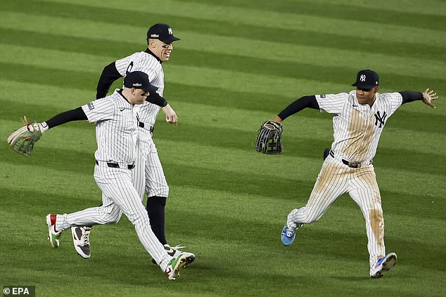 Outfielders Alex Verdugo, Judge and Juan Soto celebrate after sealing the Game 2 victory