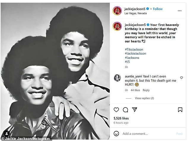 Jackson's brother, Jackie Jackson, posted a photo on Instagram on Tuesday with the caption: 