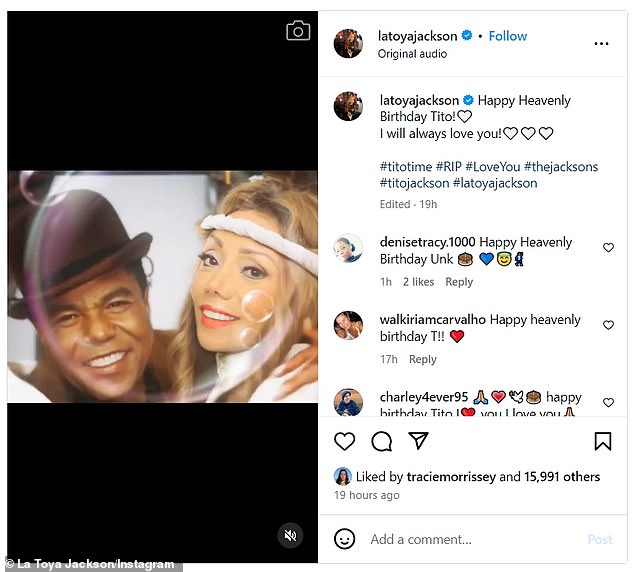 Janet's sister, La Toya Jackson, shared a video on Instagram on Tuesday with the caption: 'Happy heavenly birthday, Tito! I'll always love you!'