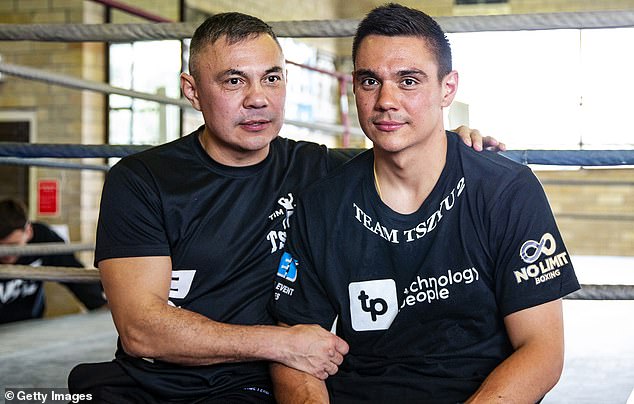 After abandoning a university degree in business, Tim Tszyu began personal training at a Sydney boxing gym, and his love for the sport soon returned (father and son are pictured in 2019).