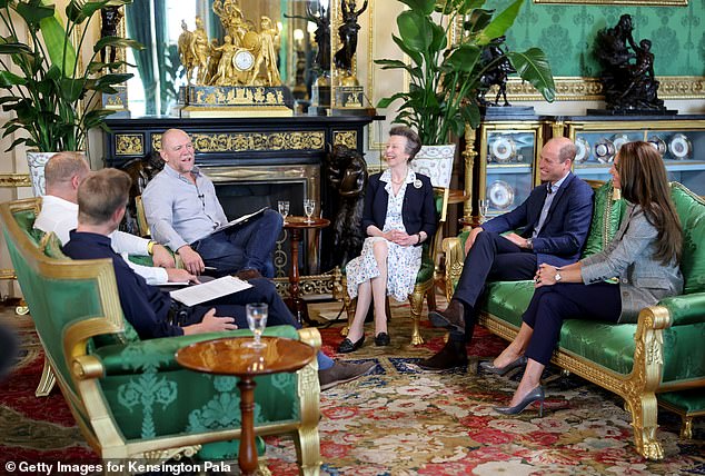 The Good, The Bad and the Rugby co-hosts Alex Payne, James Haskell and Mike Tindall sit in the Green Room at Windsor Castle with Princess Anne and the Prince and Princess of Wales in September 2023.