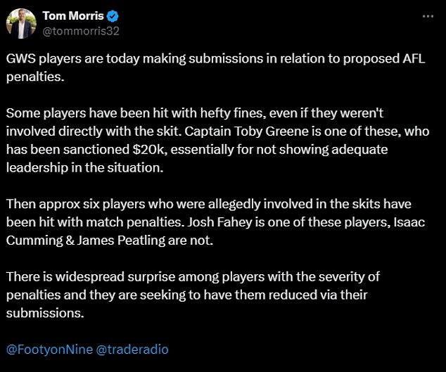 Journalist Tom Morris stated that up to six players who allegedly participated in the parodies have been sanctioned.