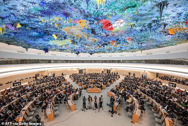 The United Nations Human Rights Council in Geneva. The heartbreaking figures come as the UN prepares to vote tomorrow on whether to grant the Gulf state membership in the Human Rights council.