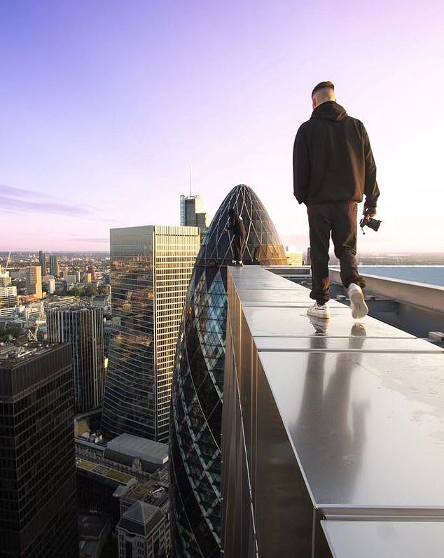 Stevenson showed off some of his rooftopping around the world on his Instagram page under the name Expedition (pictured in London).