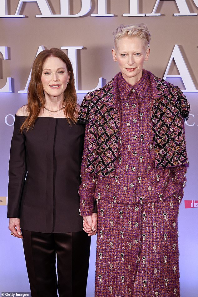 Promoting her latest film, out Friday, Julianne, 63, looked effortlessly chic in a dark brown off-the-shoulder tunic top and brown satin pants.