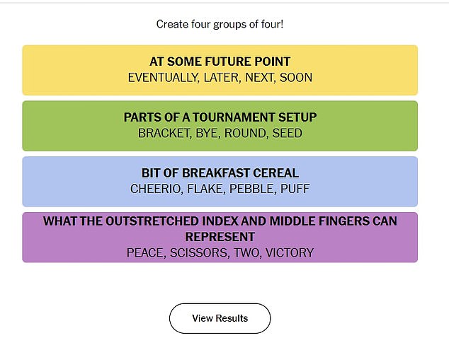 Wednesday's four categories were: sometime in the future, parts of a tournament setup, pieces of breakfast cereal and what extended index and middle fingers may represent.