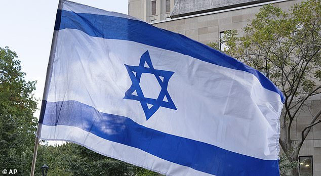 The Israeli flag, blue and white, with a Star of David in the center.