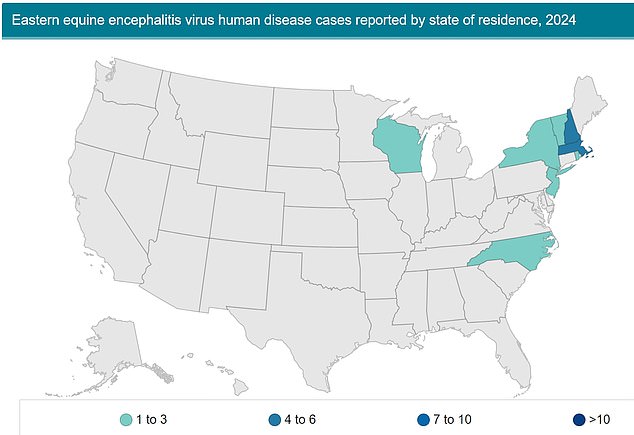 This map shows where cases were reported in 2024, with a cluster of infections in Massachusetts and New Hampshire.