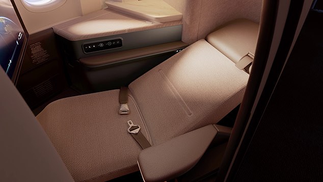 The new business class seat is called the Aria Suite and is arranged in an inverted herringbone configuration, with the side seats angled toward the windows.