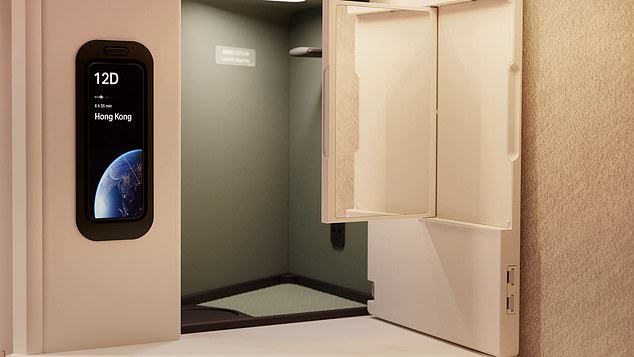 The side cabinet includes a custom-made headphone hook, a dedicated water bottle storage tray, and a large personal mirror enclosed in the door.