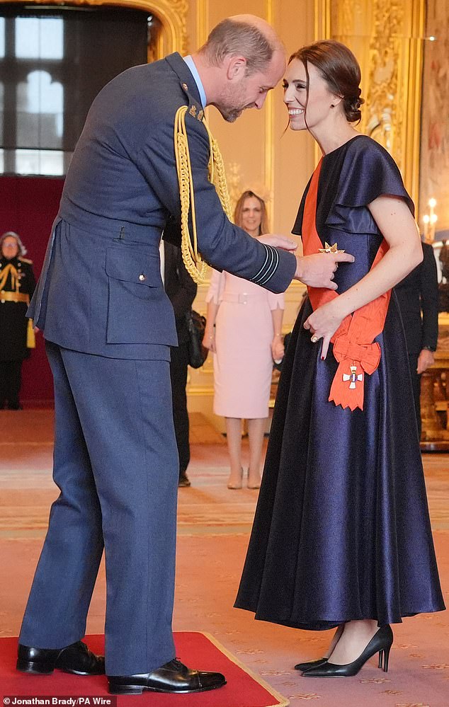 Prince William (pictured, left) was the royal who presented the honours, and his friendship with Jacinda (pictured, right) was on full display as the two interacted, smiling throughout the event.