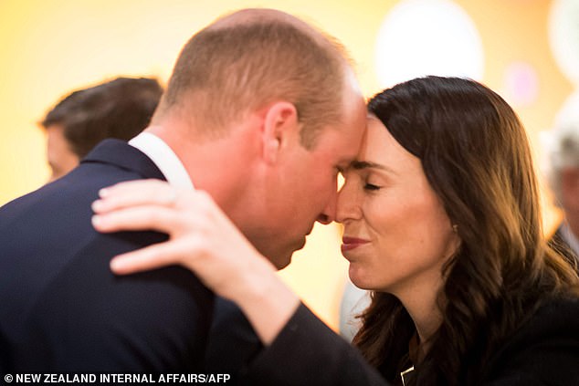 FRIENDS: The couple have shown their close bond before, when Prince William (pictured, left) greeted Jacinda (pictured, right) with a traditional Maori nose tap called hongi during a two-day visit to New Zealand in 2019.