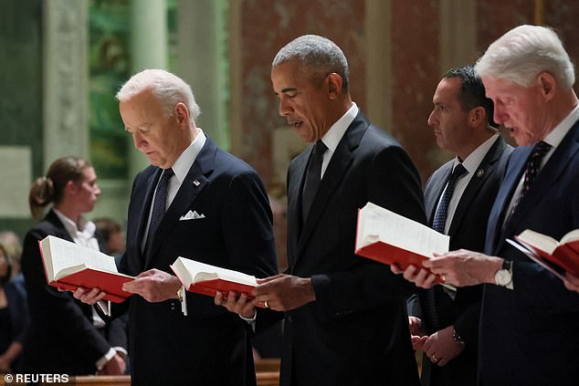 US President Joe Biden, former US President Barack Obama and former US President Bill Clinton attend the memorial service for Ethel Kennedy at the Cathedral of St. Matthew the Apostle in Washington, US, on October 16, 2024