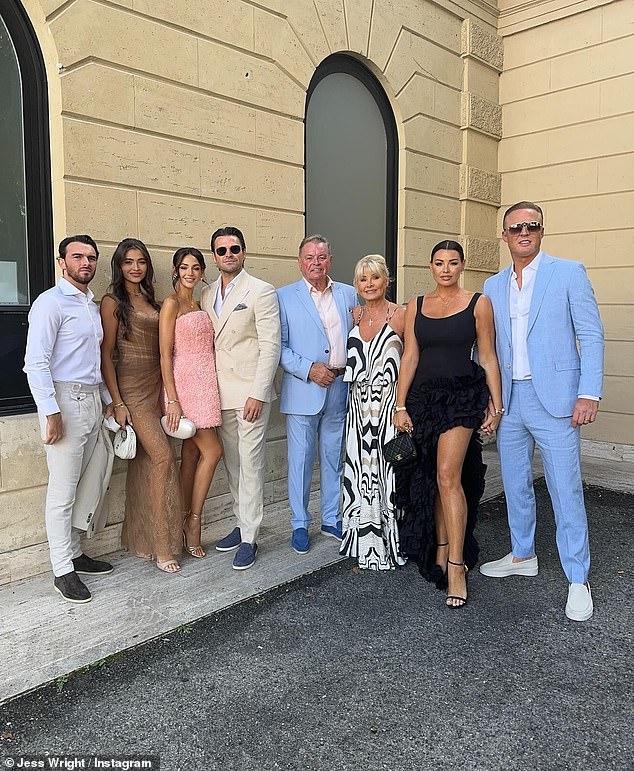 The Wright family was in full force when they attended Millie Bobby Brown and Jake Bongiovi's wedding in Italy this week (LR Tommy, Natalya, Michelle, Mark, Mark Sr, Carol, Jess and William Lee-Kemp).