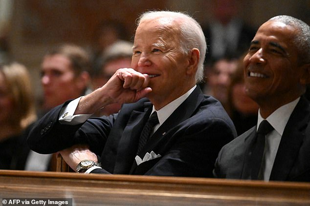 Biden and Obama found a few moments to laugh at the memorial service celebrating Kennedy's life