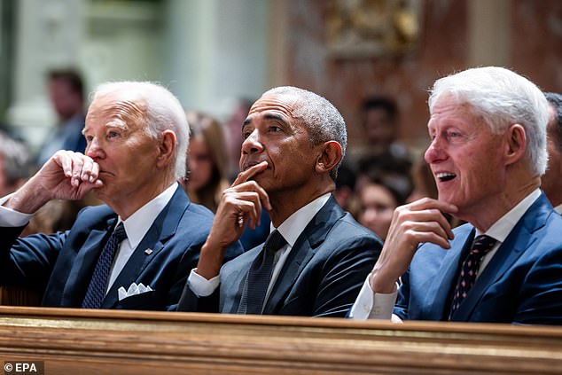 US President Joe Biden (L), along with former presidents Barack Obama (center) and Bill Clinton (right), attend a memorial service for Ethel Kennedy, widow of Robert F. Kennedy, at the Cathedral of St. Matthew the Apostle in Washington. DC