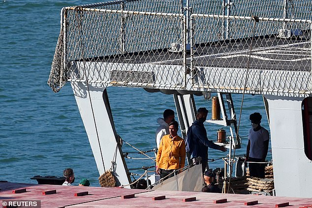 Migrants on the Italian navy ship Libra that arrived in Albania as part of an agreement with Italy to process thousands of asylum seekers trapped near Italian waters.