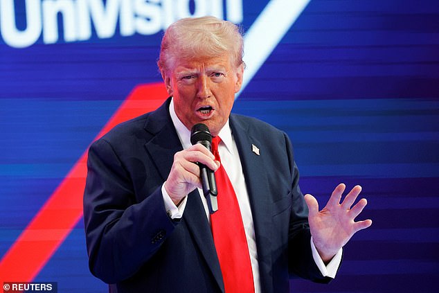 Republican presidential candidate and former US President Donald Trump speaks during a town hall hosted by Spanish-language network Univision, in Doral, Florida, US, on October 16, 2024.