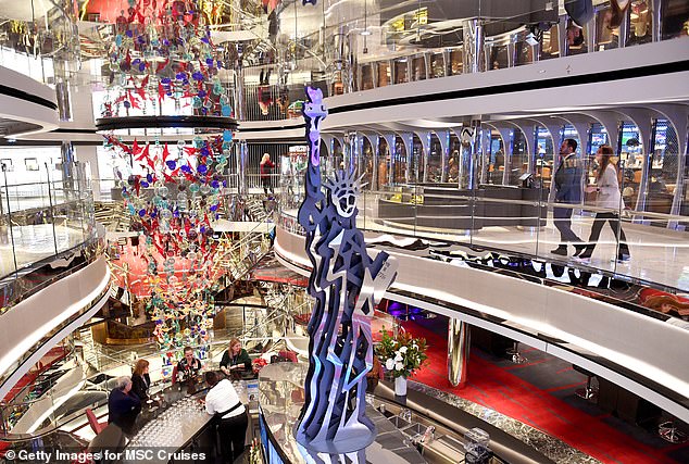 The 23-year-old's mother was allowed to stay on the ship while it made stops on Grand Cayman Island, Mexico, and MSC Ocean Cay, the cruise company's private island in the Bahamas. Pictured: Inside MSC's Seascape cruise ship