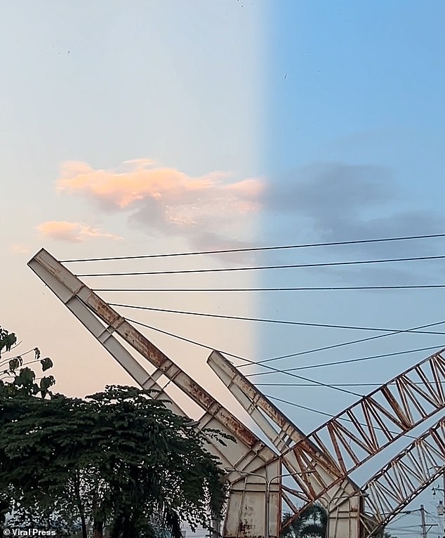 The images show the skyline divided into night on one side and day on the other in Mandaue City, Philippines, on October 10.