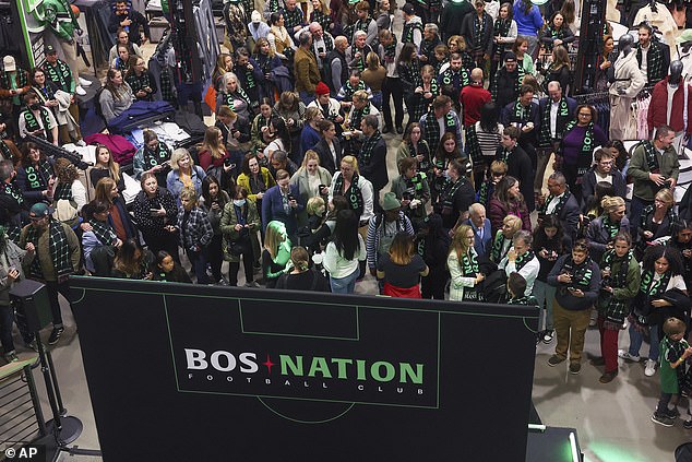 Fans gather during the celebration of the start of the new NWSL franchise in Boston on Tuesday.