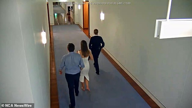 CCTV of Bruce Lehrmann and Brittany Higgins entering Linda Reynolds' office.