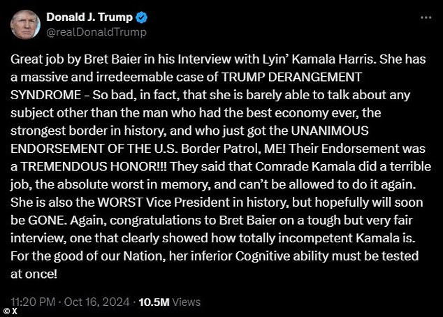 Trump praised Baier for his interview 