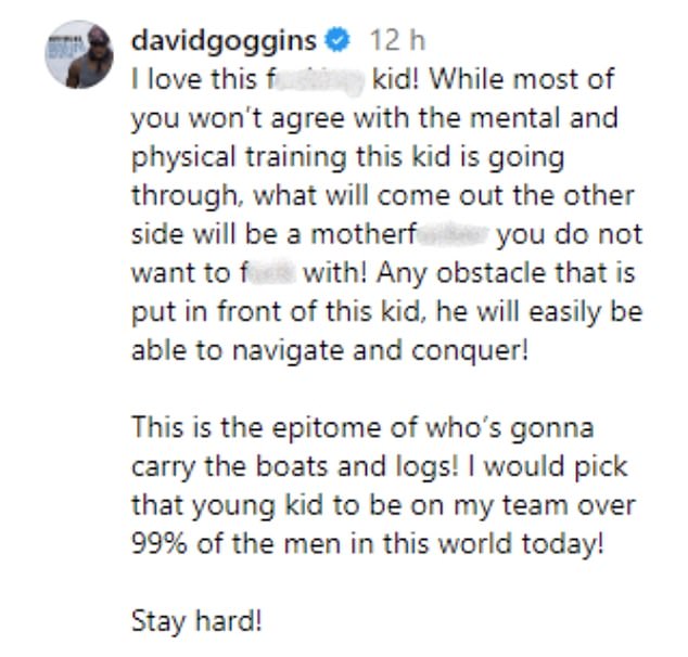 Goggins took to Instagram to praise the toddler, praising him for his resilience.