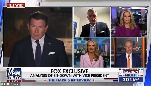 Fox News host Bret Baier recalled with his panel how four people were waving their hands for the interview to end after his exclusive interview with Vice President Kamala Harris aired on Wednesday. It was Harris' first meeting with the conservative network.