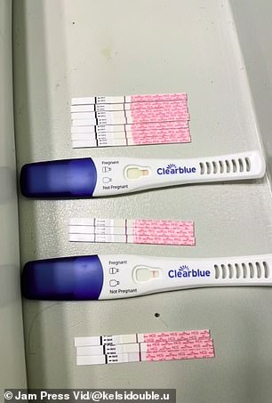 Mrs Baldwin's condition has left her struggling to get pregnant for six years (her negative pregnancy tests are shown here)