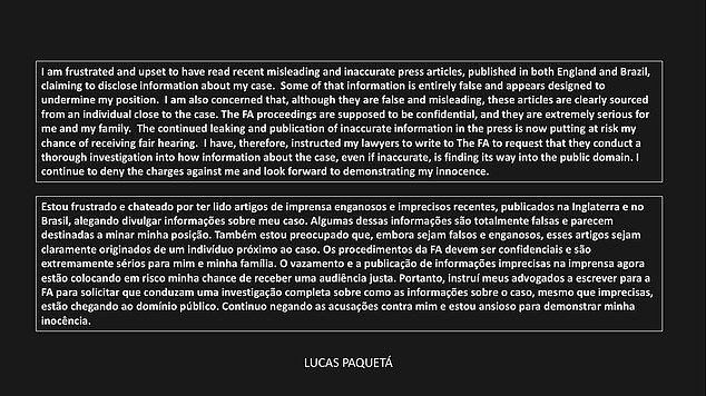 Paqueta turned to X to publish a statement where he once again denies the charges against him