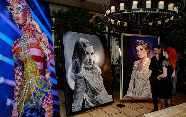 The art project showcased painted portraits of four iconic women: Elizabeth Taylor as Cleopatra, Beyonce, Princess Diana and Veronica Lake.