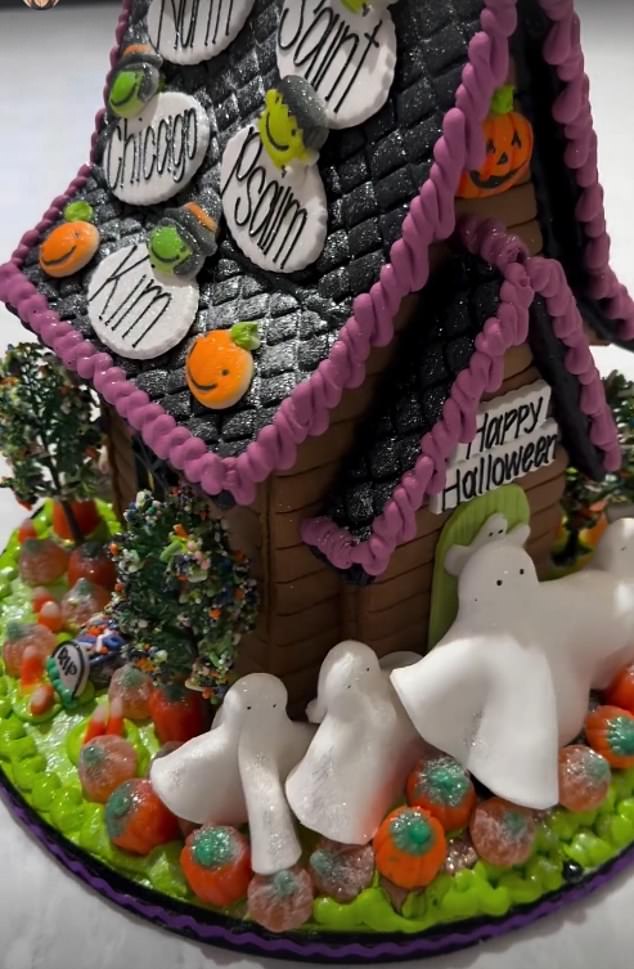 Also on Thursday, Kim showed off a Halloween house, like the kind of gingerbread they get for Christmas. It was a gift from sister Kourtney Kardashian