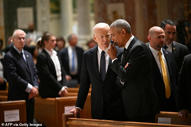 Lip reader Jeremy Freeman told DailyMail.com that President Joe Biden (left) appeared to tell former President Barack Obama that 