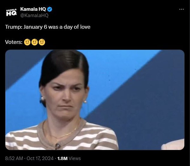 Kamala Harris' campaign posted an image of a woman's seemingly skeptical reaction during Trump's response on January 6.