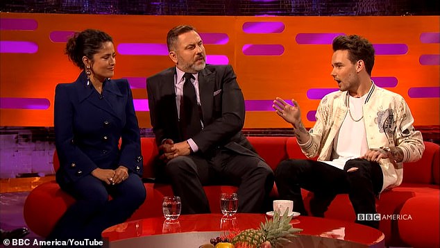 Payne, right, appears with Salma Hayek and David Williams during the interview on The Graham Norton Show in 2017.