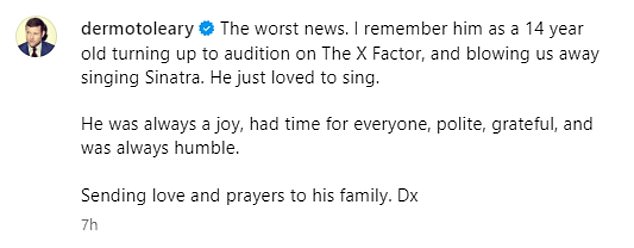 X Factor host Dermot O'Leary posted that he was 