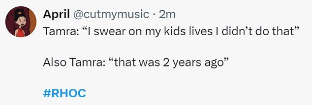 @cutmymusic showed off Tamra's two-faced nature with two quotes, 'Tamra: “I swear on my children's lives I didn't do that” Also Tamra: “that was 2 years ago."'