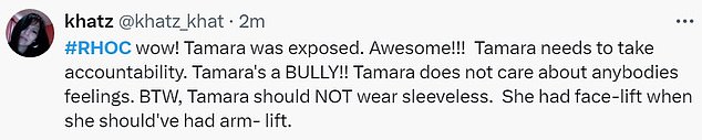 @khatz_khat said: '#RHOC wow! Tamara was exposed. Awesome!!! Tamara needs to take responsibility. Tamara is a STALKER!! Tamara doesn't care about anyone's feelings. By the way, Tamara should NOT wear sleeves. She had a face lift when she should have had an arm lift.'