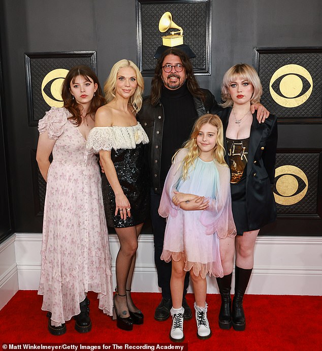 The Foo Fighters frontman and interior designer Jordyn, 48 (Hollis) (2-L, pictured 2023), whose first date was at the Sunset Marquis Whiskey Bar in 2001, are also parents to daughter Ophelia , 10 years old. Saint Grohl (2-R)